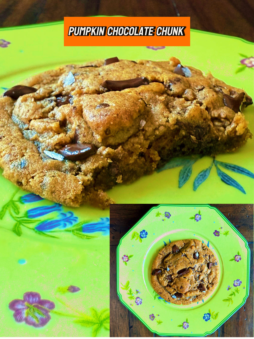 Pumpkin chocolate chunk cookies on a green floral plate